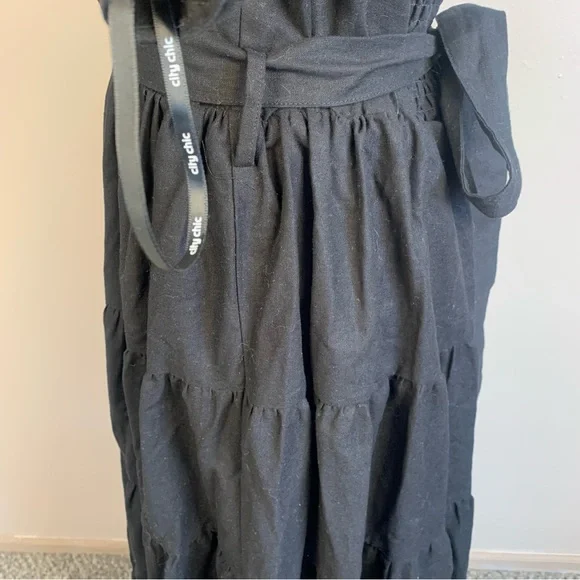 City Chic Linen Blend Off Shoulder Tiered Puff Sleeve Midi Dress - Picture 8 of 14